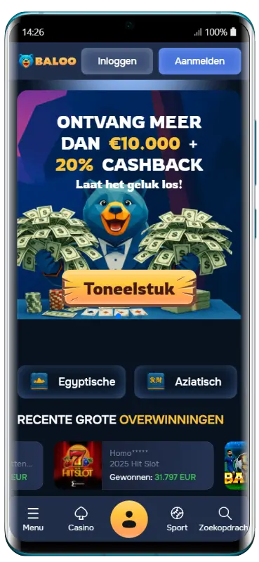 Mobiele weergave van de Baloo Casino-app met een promotiebanner 'Ontvang meer dan €10.000 + 20% cashback', categorieknoppen Egyptische en Aziatisch, en een sectie Recente grote overwinningen met een uitbetaling van 31.797 EUR