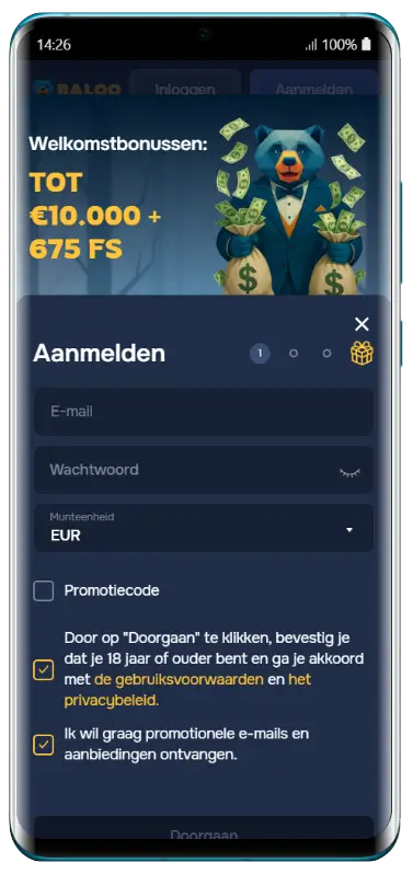 Registratieformulier van Baloo Casino op mobiel met invoervelden voor e-mail, wachtwoord en valuta (EUR), een optioneel promotiecodeveld, en akkoordverklaringen voor gebruiksvoorwaarden en privacybeleid, met bovenaan een welkomstbonusbanner van tot €10.000 + 675 FS