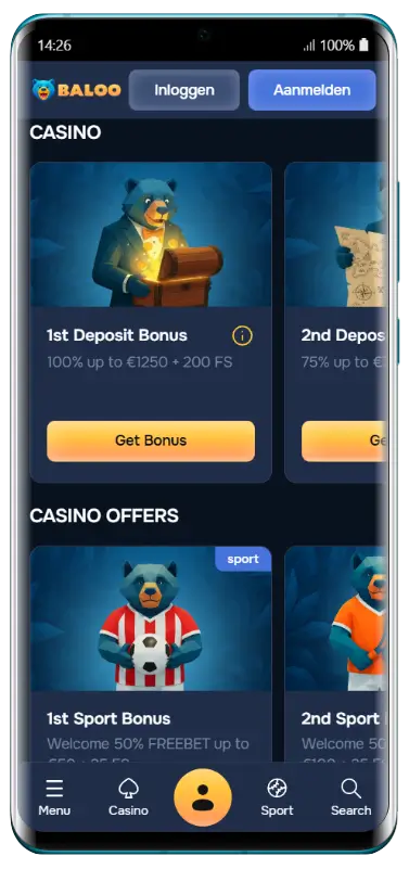 Bonuspagina van de Baloo Casino-app met casinobonussen waaronder een eerste stortingsbonus van 100% tot €1.250 + 200 FS en een sportbonus met 50% freebet, elk weergegeven met een illustratie van een beer en een gele 'Get Bonus'-knop