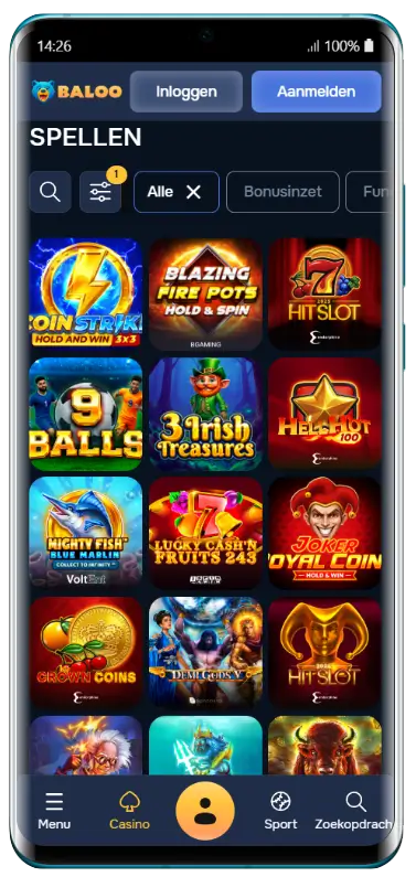 Mobiele weergave van de Baloo Casino-app met een spellenbibliotheek in een 3x3-raster, waaronder titels als Blazing Fire Pots, Hit Slot en 3 Irish Treasures, met onderaan een navigatiebalk met Menu, Casino, Sport en Zoekopdracht