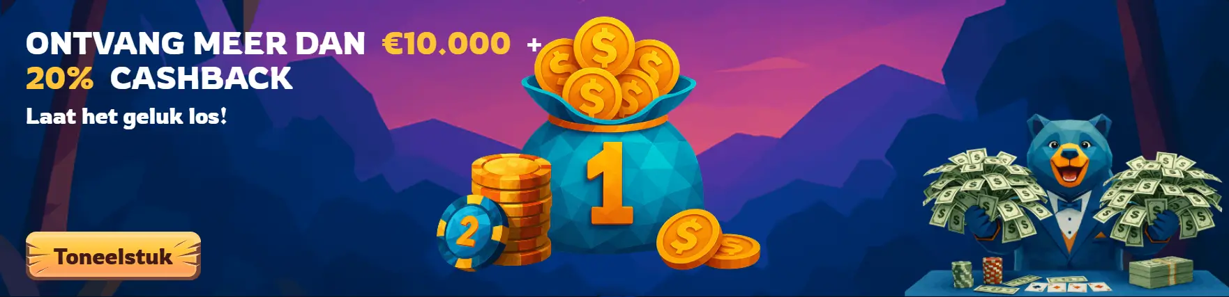 Promotiebanner van Baloo Casino met de tekst 'Ontvang meer dan €10.000 + 20% cashback', een blauwe beer in smoking omringd door geld, en een zak met gouden munten op de voorgrond